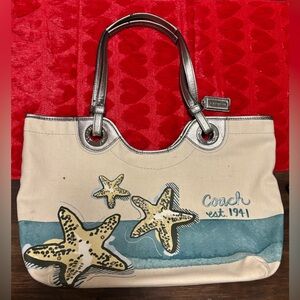 Vintage Limited Edition Coach Cream and Turquoise Starfish Tote Bag